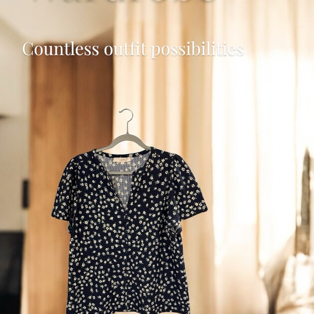 LOFT Navy and White Fitted Buttoned Blouse